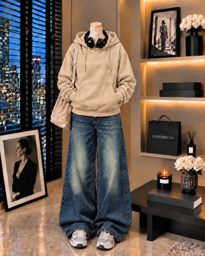 Premium Hoodie & Greenish blue Vintage Wide-Leg Jeans Pack of Two