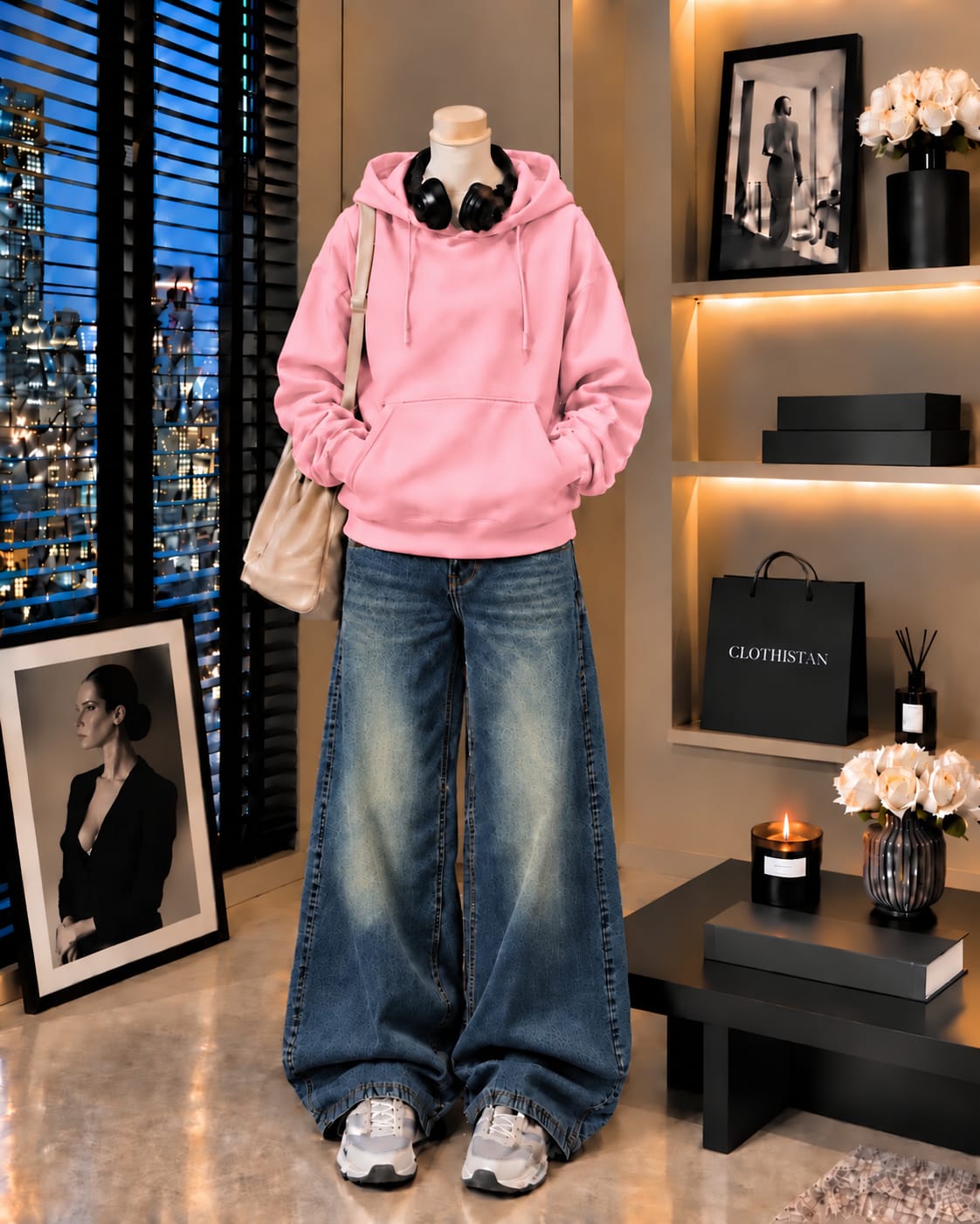 Premium Hoodie & Greenish blue Vintage Wide-Leg Jeans Pack of Two