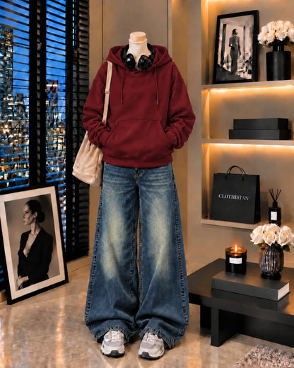 Premium Hoodie & Greenish blue Vintage Wide-Leg Jeans Pack of Two
