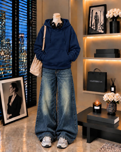 Premium Hoodie & Greenish blue Vintage Wide-Leg Jeans Pack of Two
