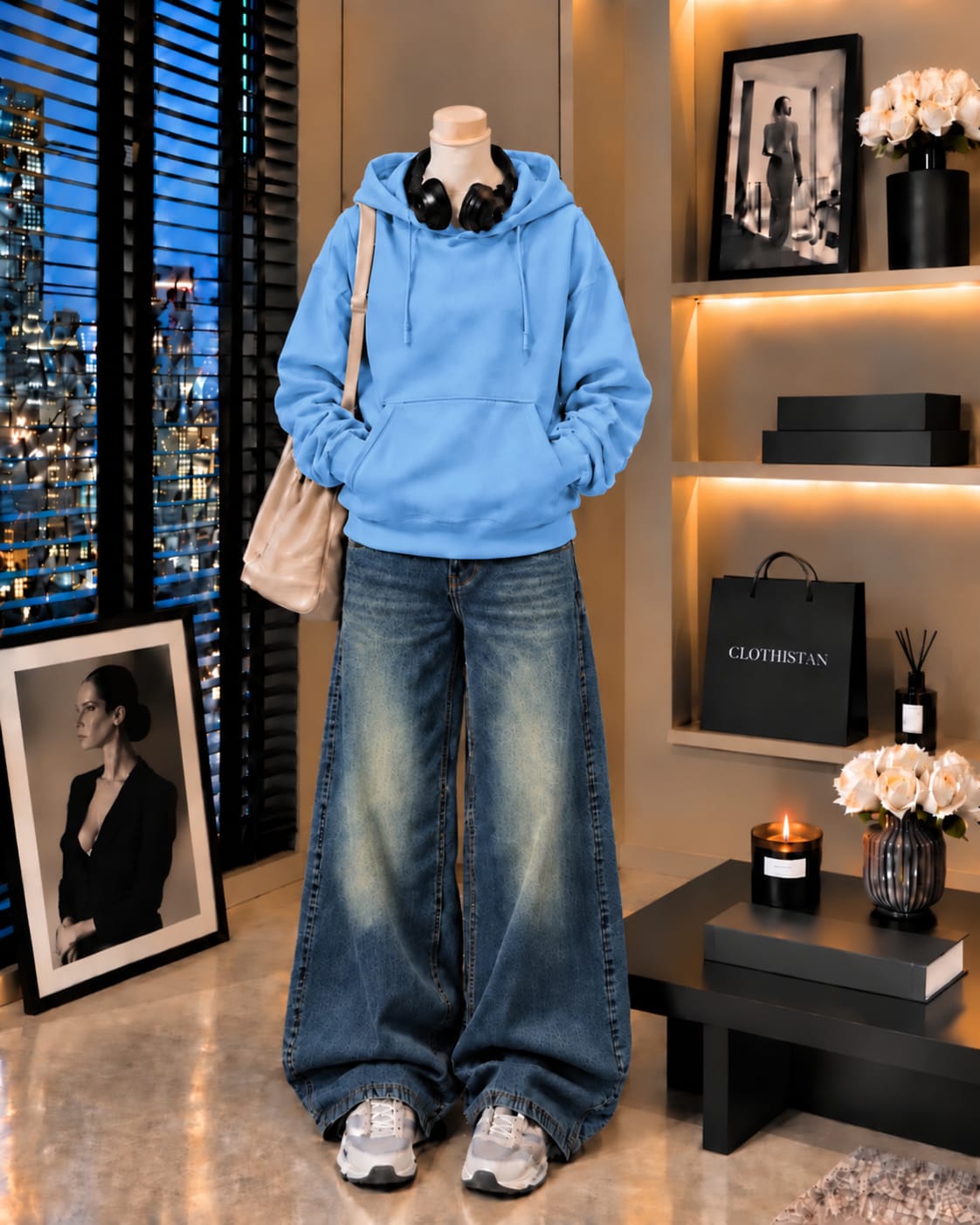Premium Hoodie & Greenish blue Vintage Wide-Leg Jeans Pack of Two