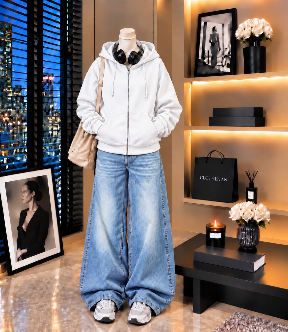 Premium Zipper Hoodie & Sky blue Vintage Wide-Leg Jeans Pack of Two