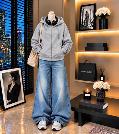 Premium Zipper Hoodie & Sky blue Vintage Wide-Leg Jeans Pack of Two