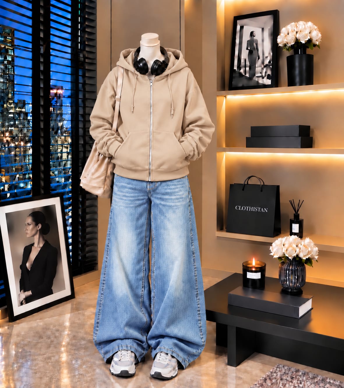 Premium Zipper Hoodie & Sky blue Vintage Wide-Leg Jeans Pack of Two