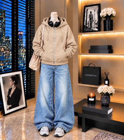 Premium Zipper Hoodie & Sky blue Vintage Wide-Leg Jeans Pack of Two