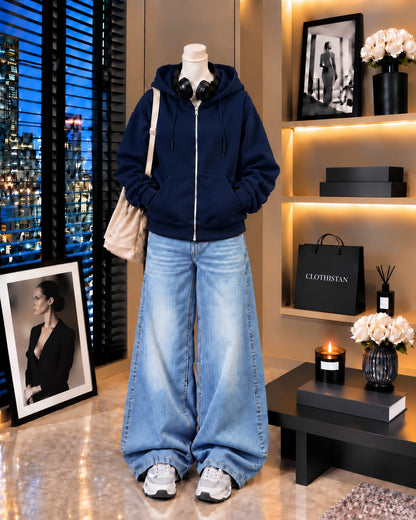 Premium Zipper Hoodie & Sky blue Vintage Wide-Leg Jeans Pack of Two