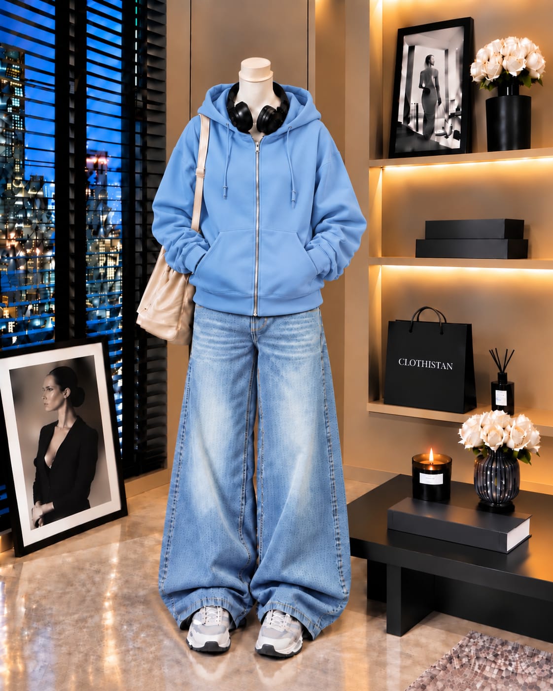 Premium Zipper Hoodie & Sky blue Vintage Wide-Leg Jeans Pack of Two