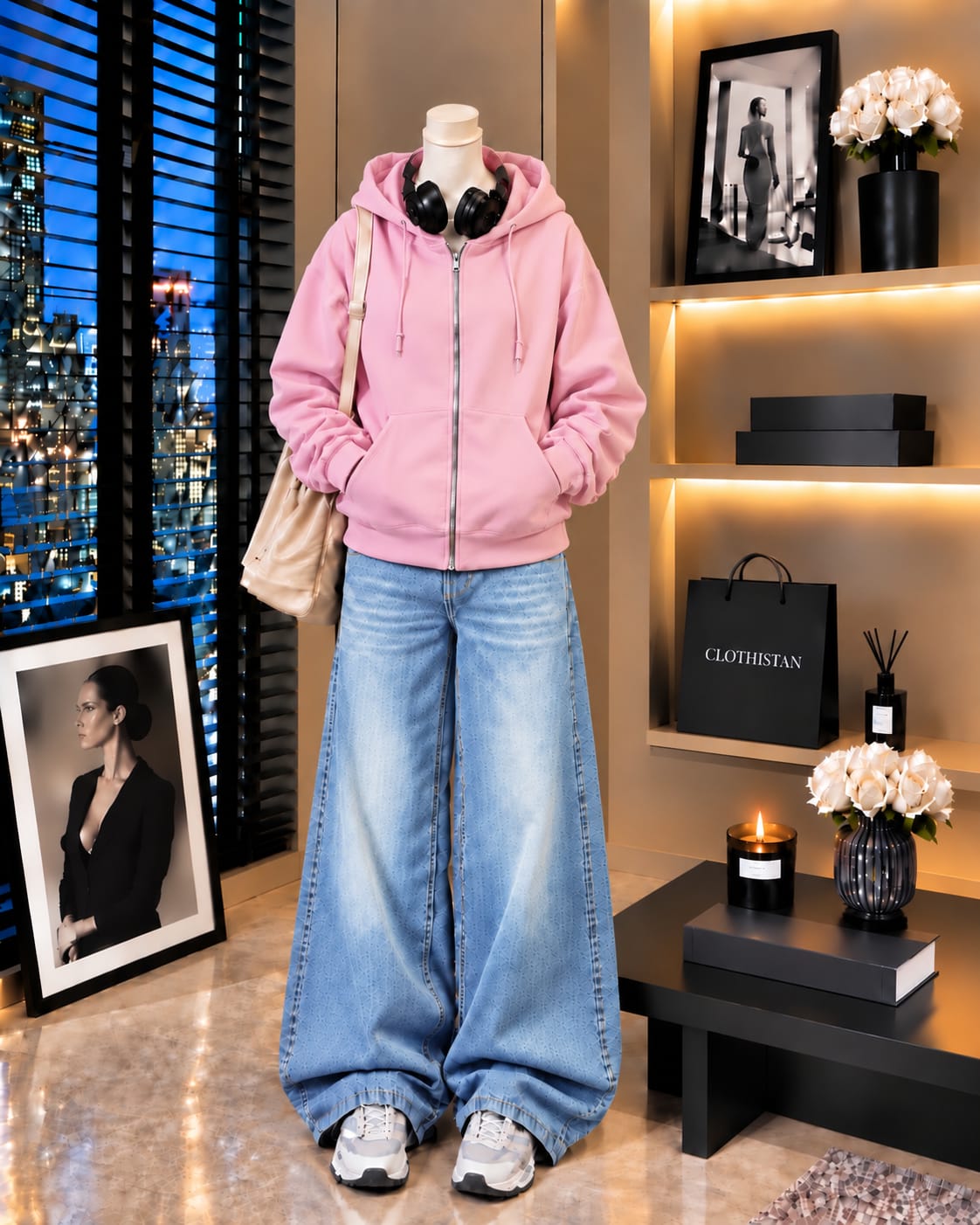 Premium Zipper Hoodie & Sky blue Vintage Wide-Leg Jeans Pack of Two