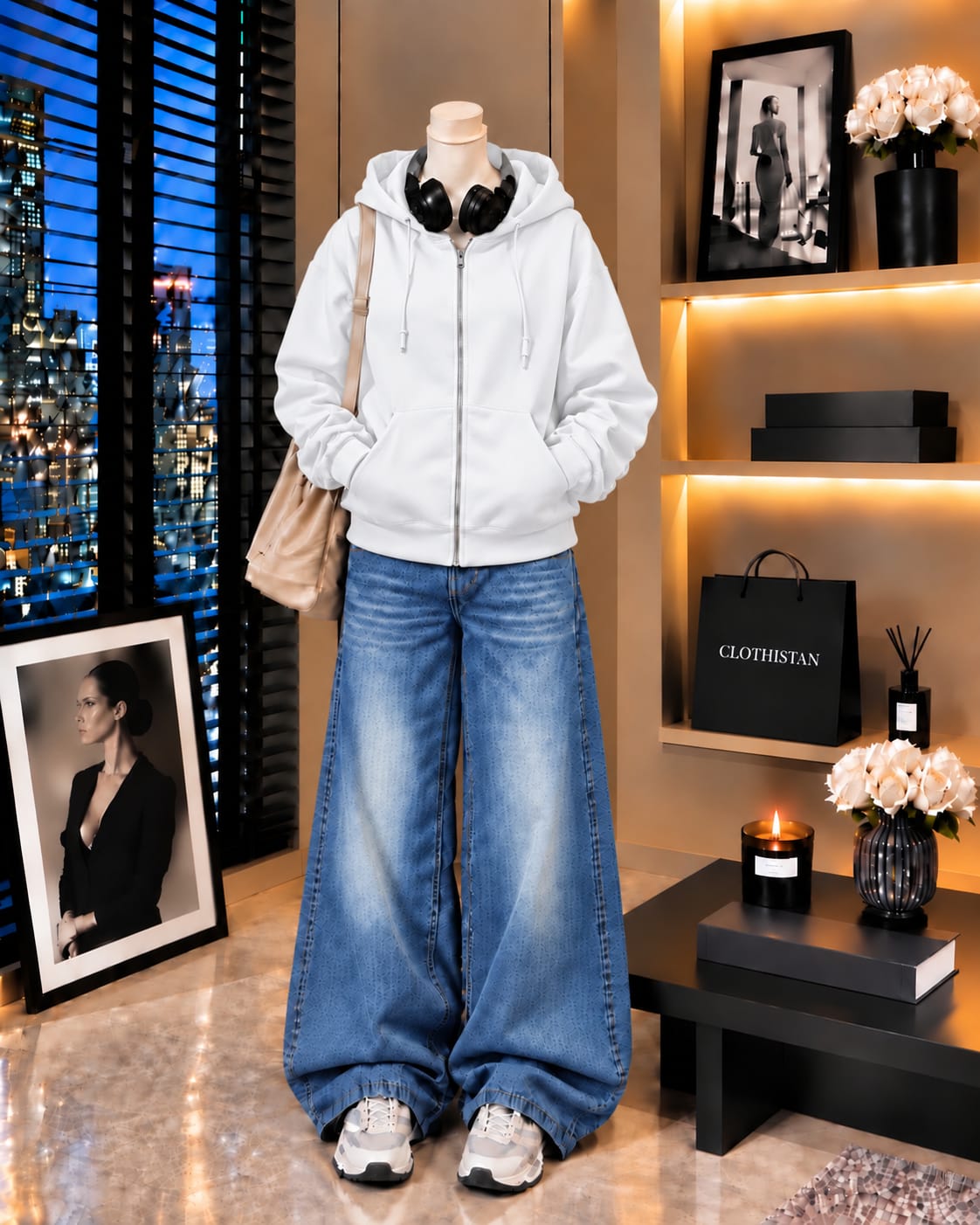 Premium Zipper Hoodie & Mid blue Vintage Wide-Leg Jeans Pack of Two
