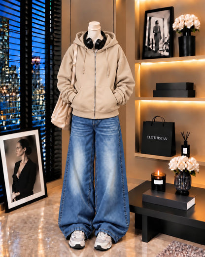 Premium Zipper Hoodie & Mid blue Vintage Wide-Leg Jeans Pack of Two