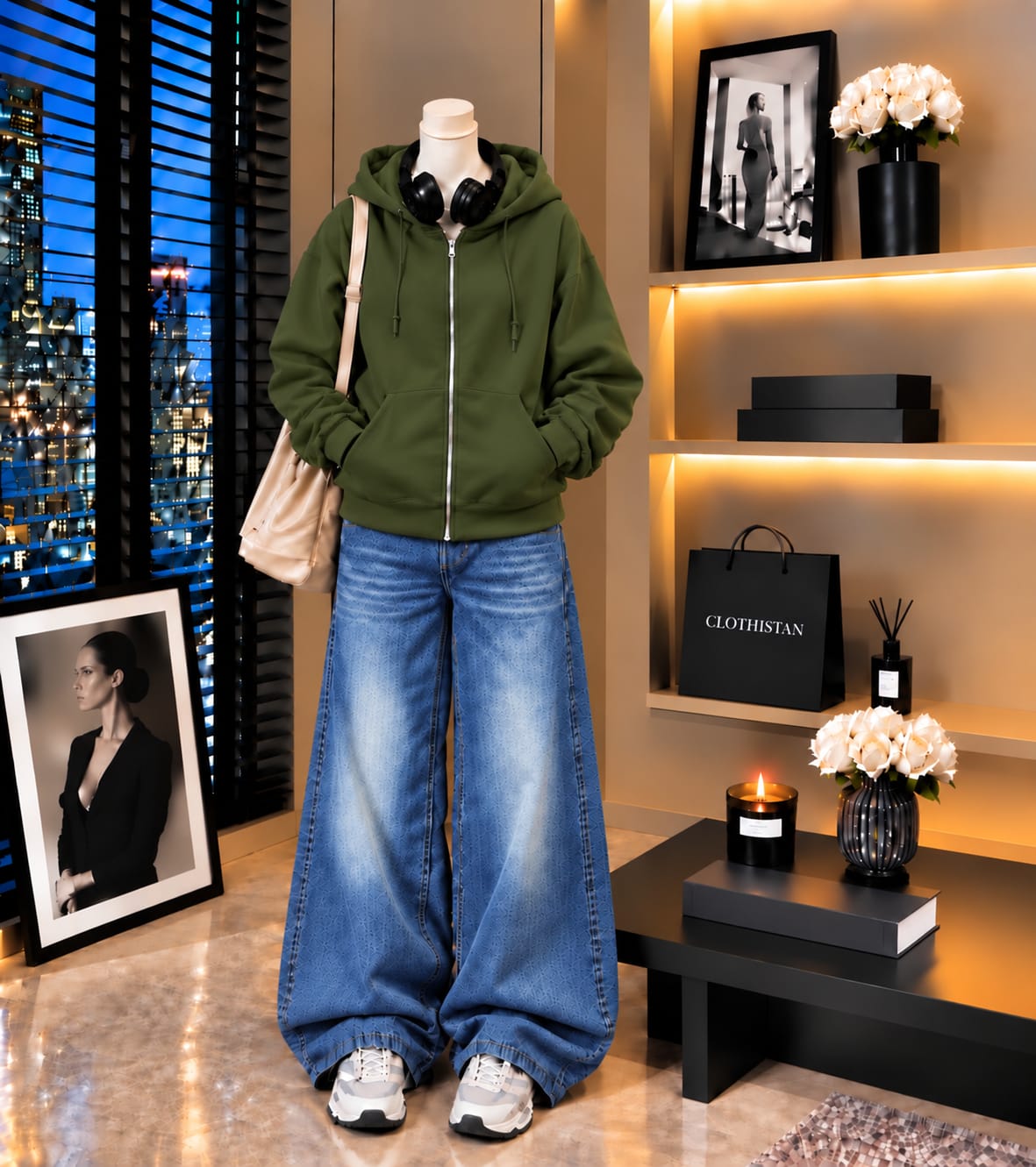 Premium Zipper Hoodie & Mid blue Vintage Wide-Leg Jeans Pack of Two