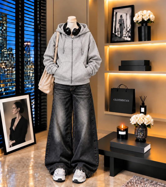 Premium Zipper Hoodie & Black Vintage Wide-Leg Jeans Pack of Two