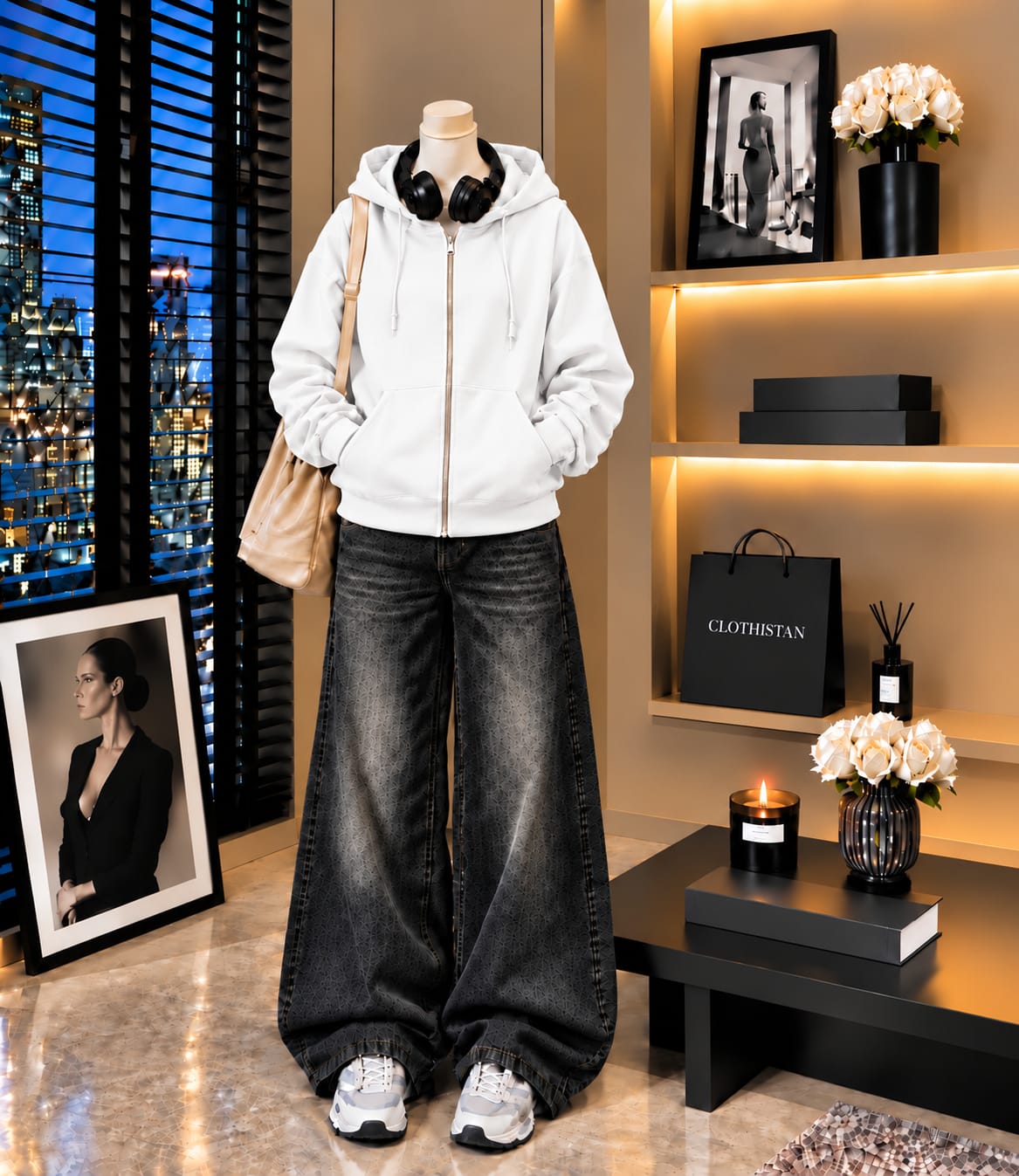 Premium Zipper Hoodie & Black Vintage Wide-Leg Jeans Pack of Two