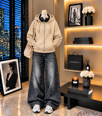 Premium Zipper Hoodie & Black Vintage Wide-Leg Jeans Pack of Two