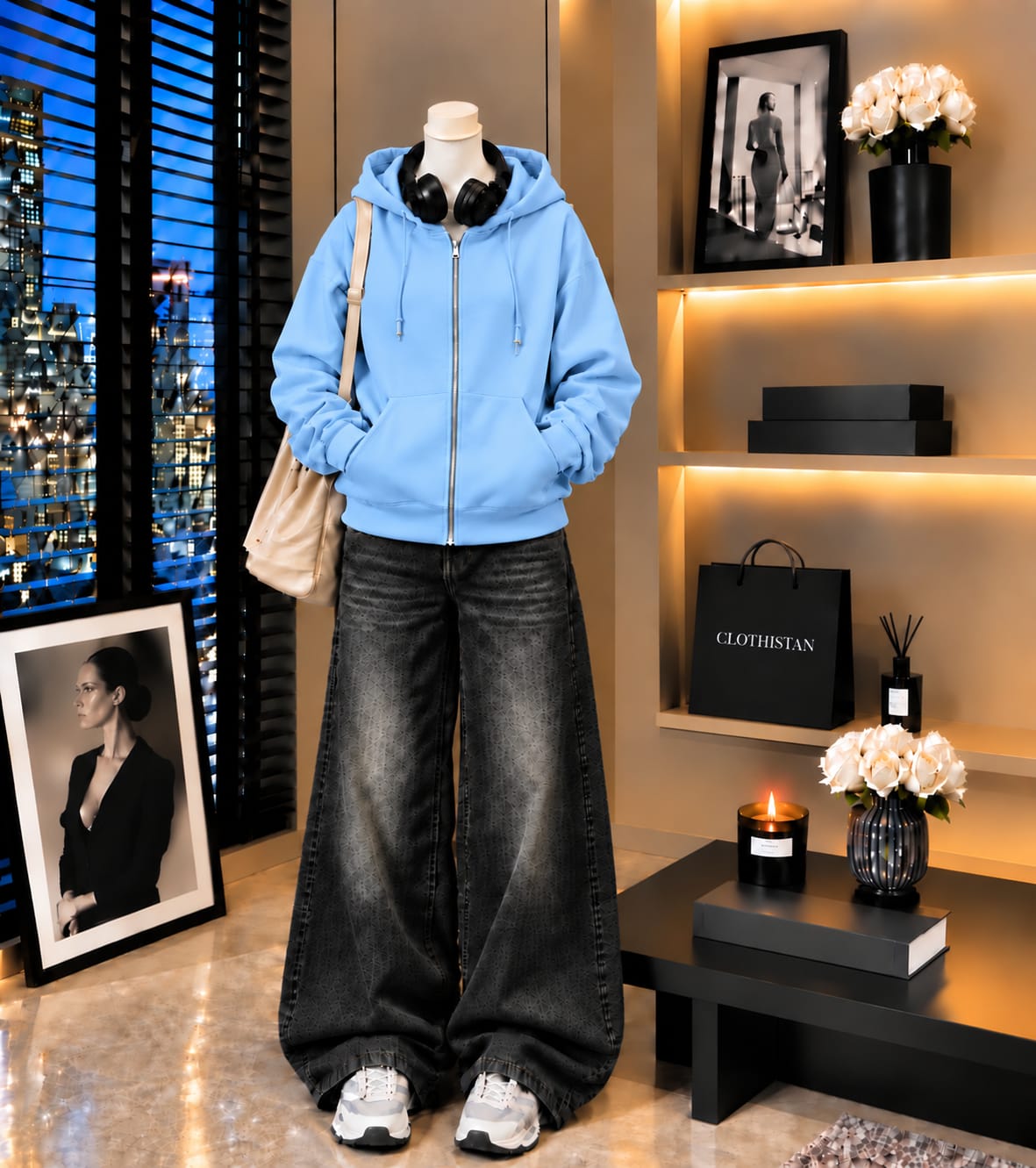 Premium Zipper Hoodie & Black Vintage Wide-Leg Jeans Pack of Two