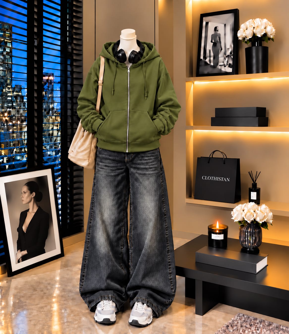 Premium Zipper Hoodie & Black Vintage Wide-Leg Jeans Pack of Two