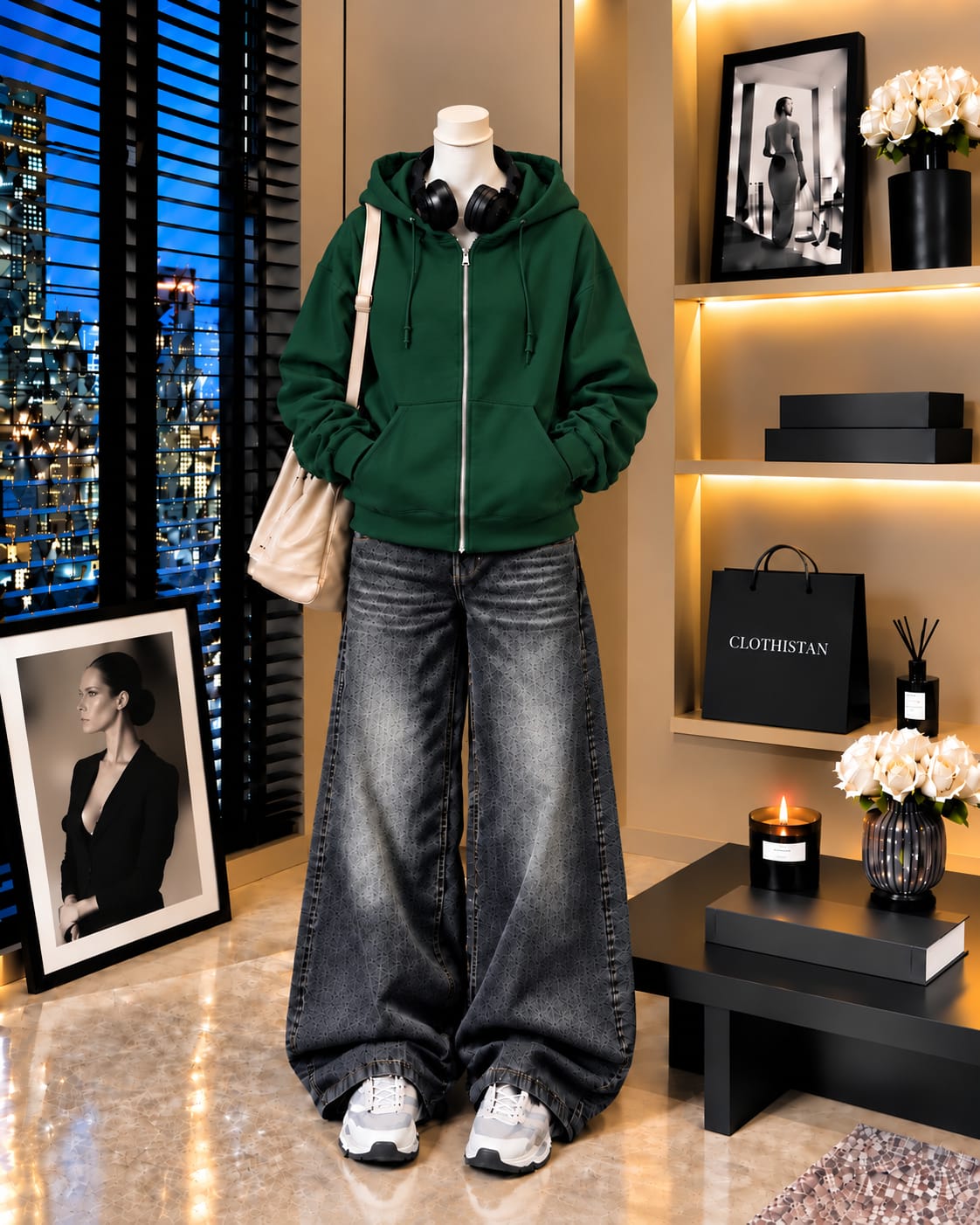 Premium Zipper Hoodie & Black Vintage Wide-Leg Jeans Pack of Two