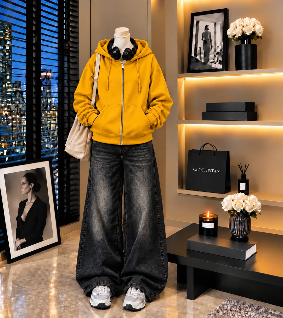 Premium Zipper Hoodie & Black Vintage Wide-Leg Jeans Pack of Two