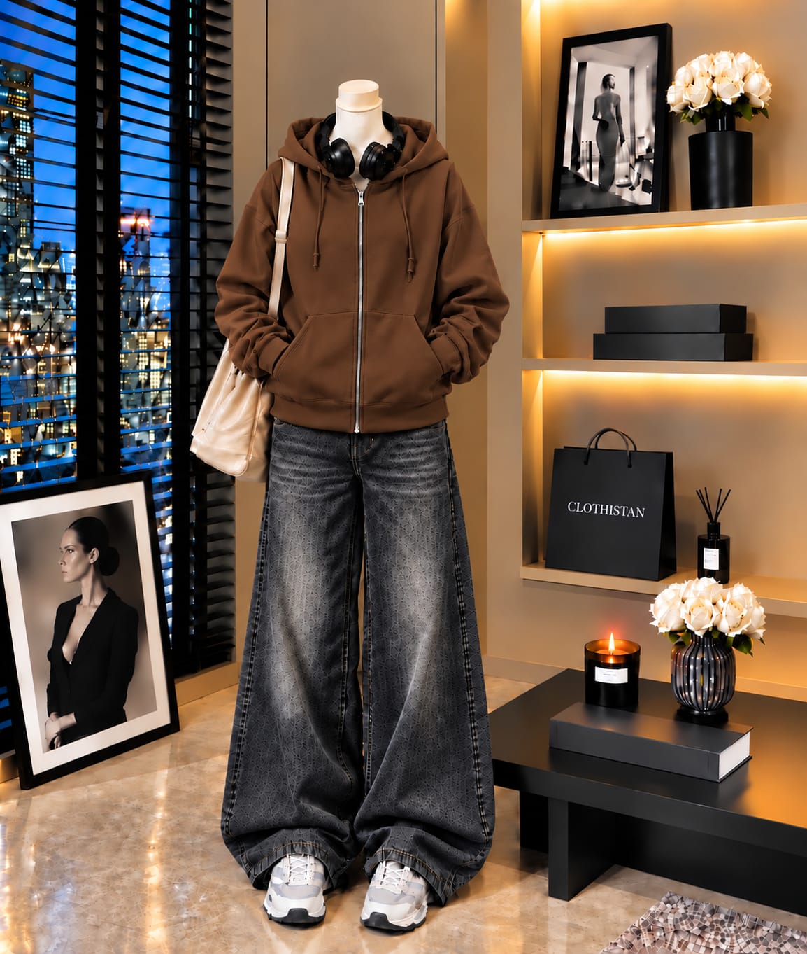 Premium Zipper Hoodie & Black Vintage Wide-Leg Jeans Pack of Two