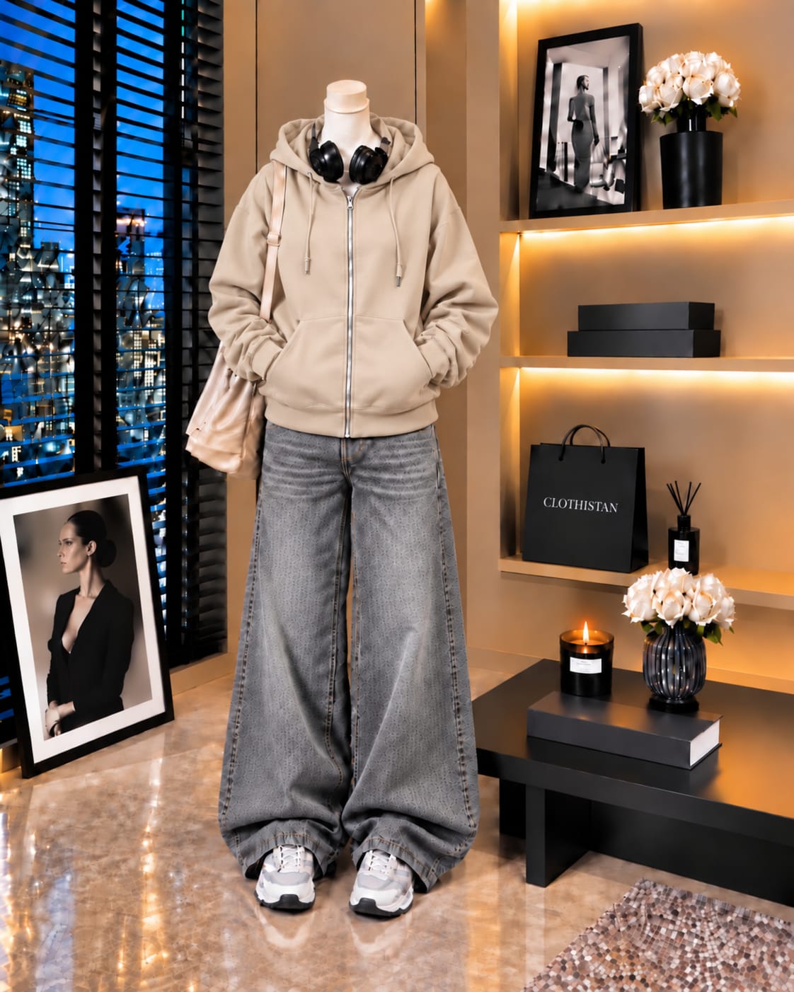 Premium Zipper Hoodie & Grey Vintage Wide-Leg Jeans Pack of Two