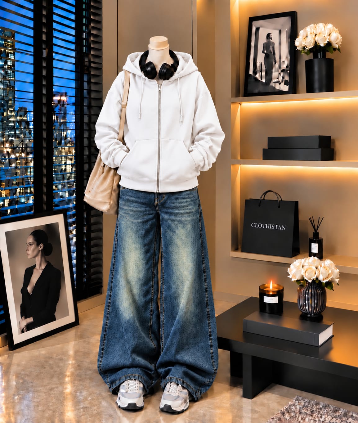 Premium Zipper Hoodie & Greenish blue Vintage Wide-Leg Jeans Pack of Two