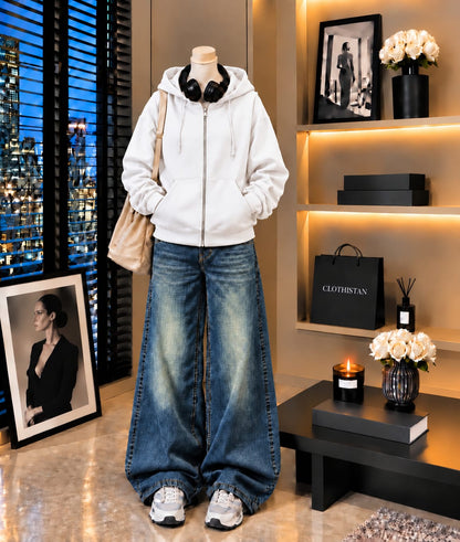 Premium Zipper Hoodie & Greenish blue Vintage Wide-Leg Jeans Pack of Two