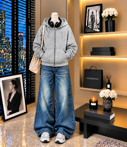 Premium Zipper Hoodie & Greenish blue Vintage Wide-Leg Jeans Pack of Two