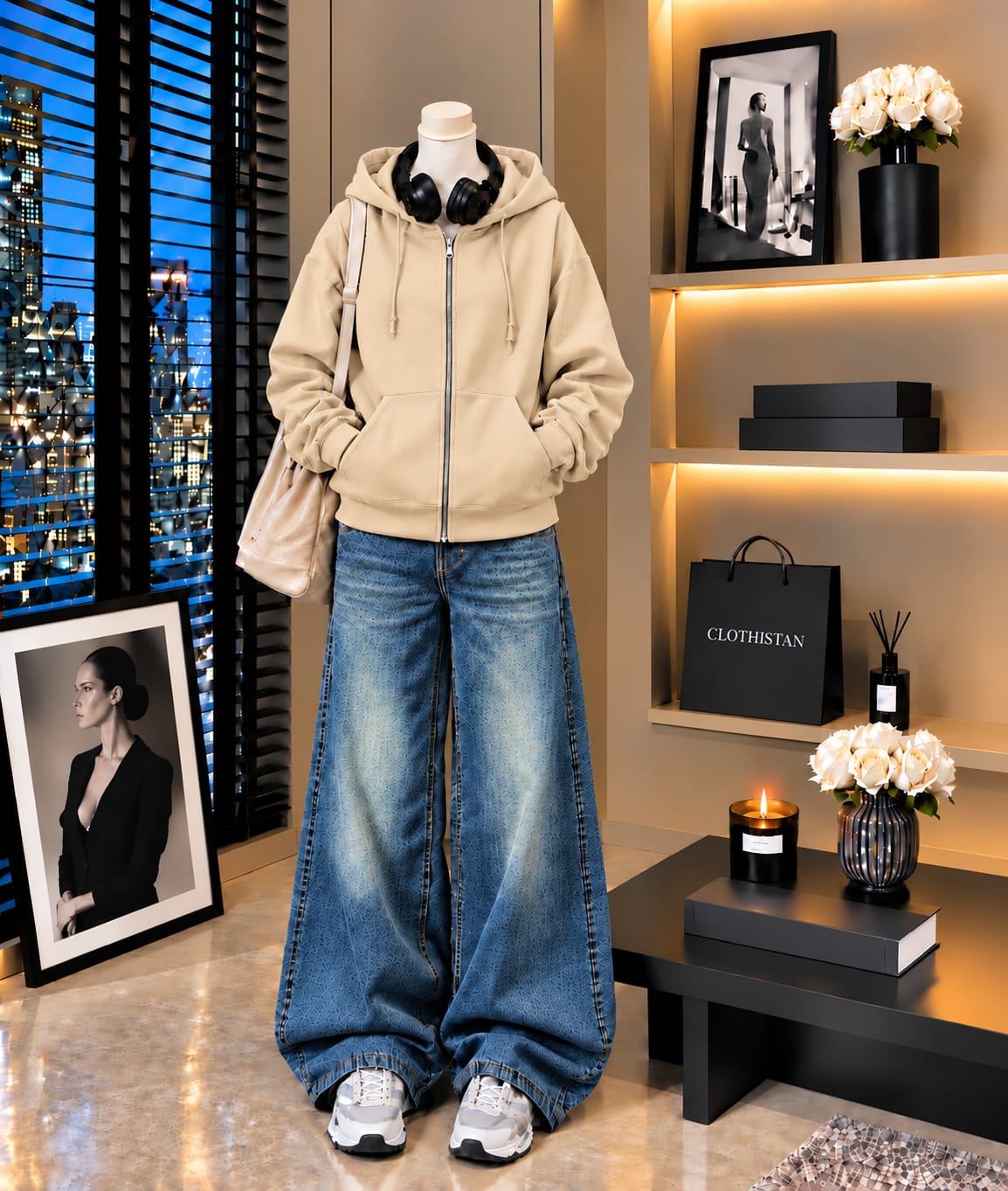 Premium Zipper Hoodie & Greenish blue Vintage Wide-Leg Jeans Pack of Two