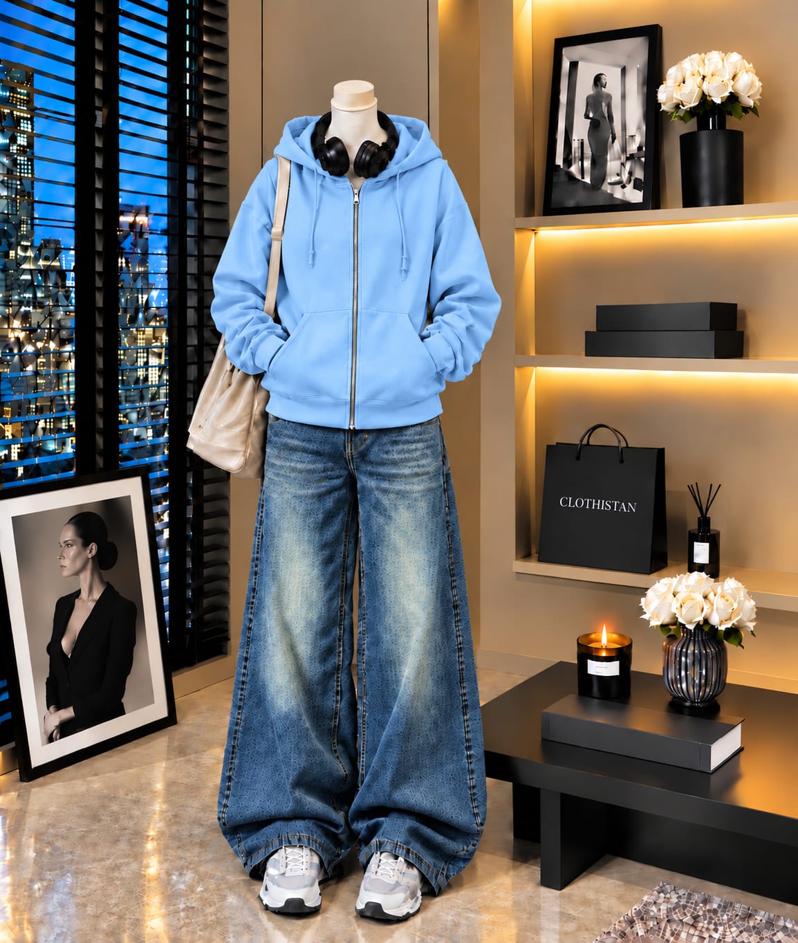 Premium Zipper Hoodie & Greenish blue Vintage Wide-Leg Jeans Pack of Two
