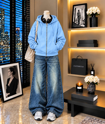 Premium Zipper Hoodie & Greenish blue Vintage Wide-Leg Jeans Pack of Two