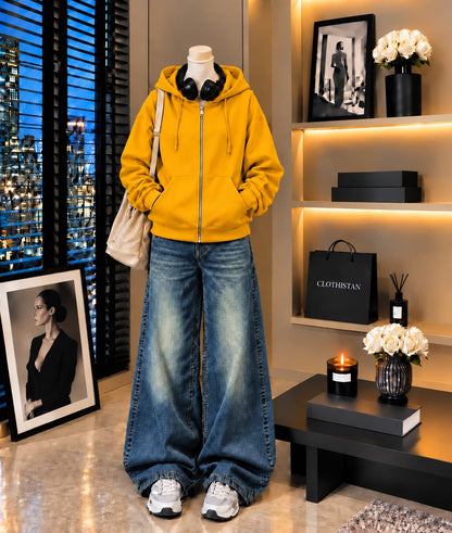 Premium Zipper Hoodie & Greenish blue Vintage Wide-Leg Jeans Pack of Two