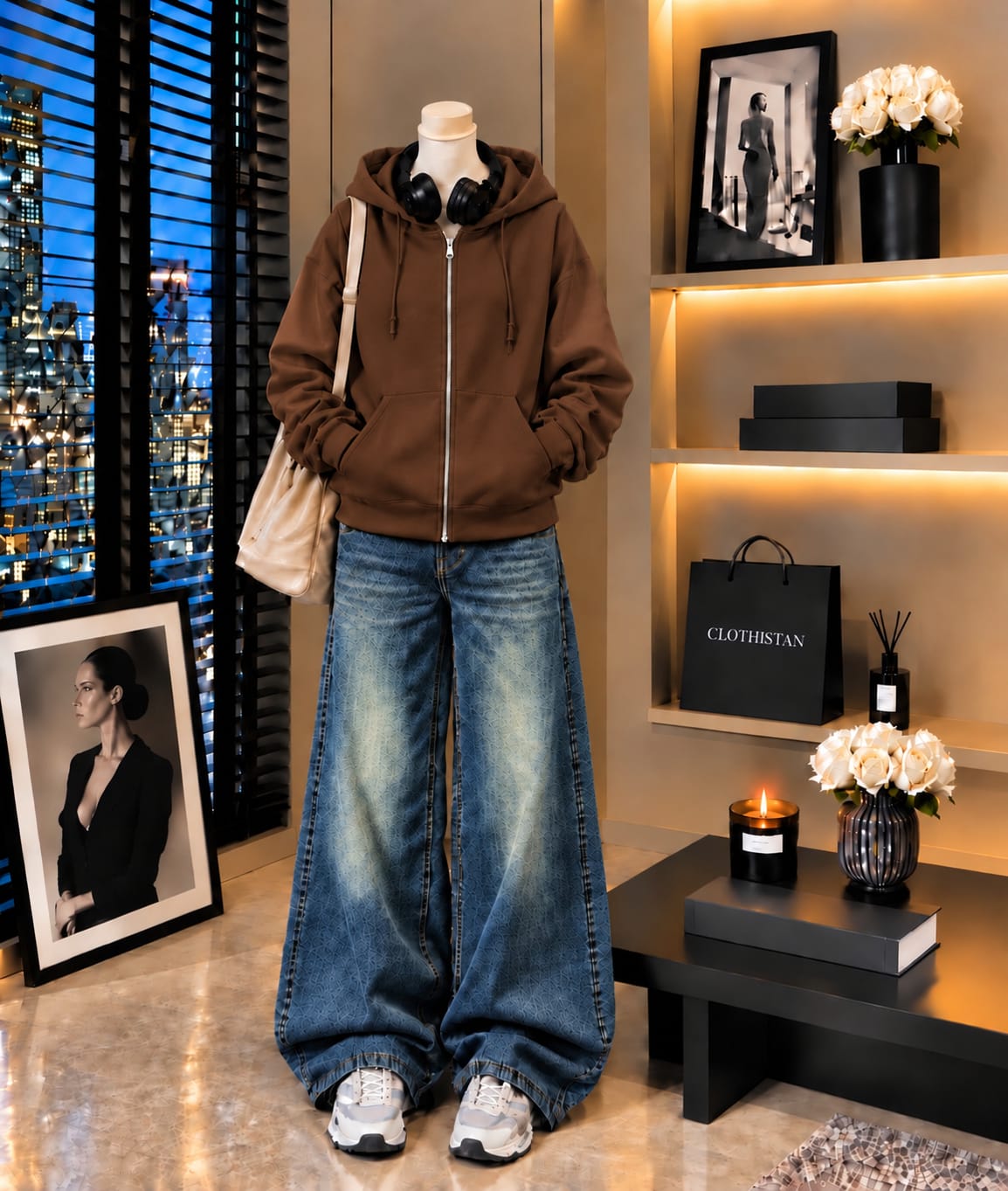 Premium Zipper Hoodie & Greenish blue Vintage Wide-Leg Jeans Pack of Two