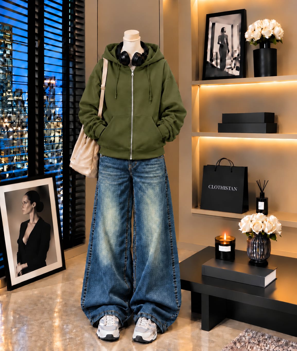 Premium Zipper Hoodie & Greenish blue Vintage Wide-Leg Jeans Pack of Two