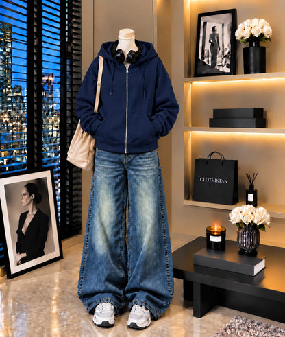 Premium Zipper Hoodie & Greenish blue Vintage Wide-Leg Jeans Pack of Two