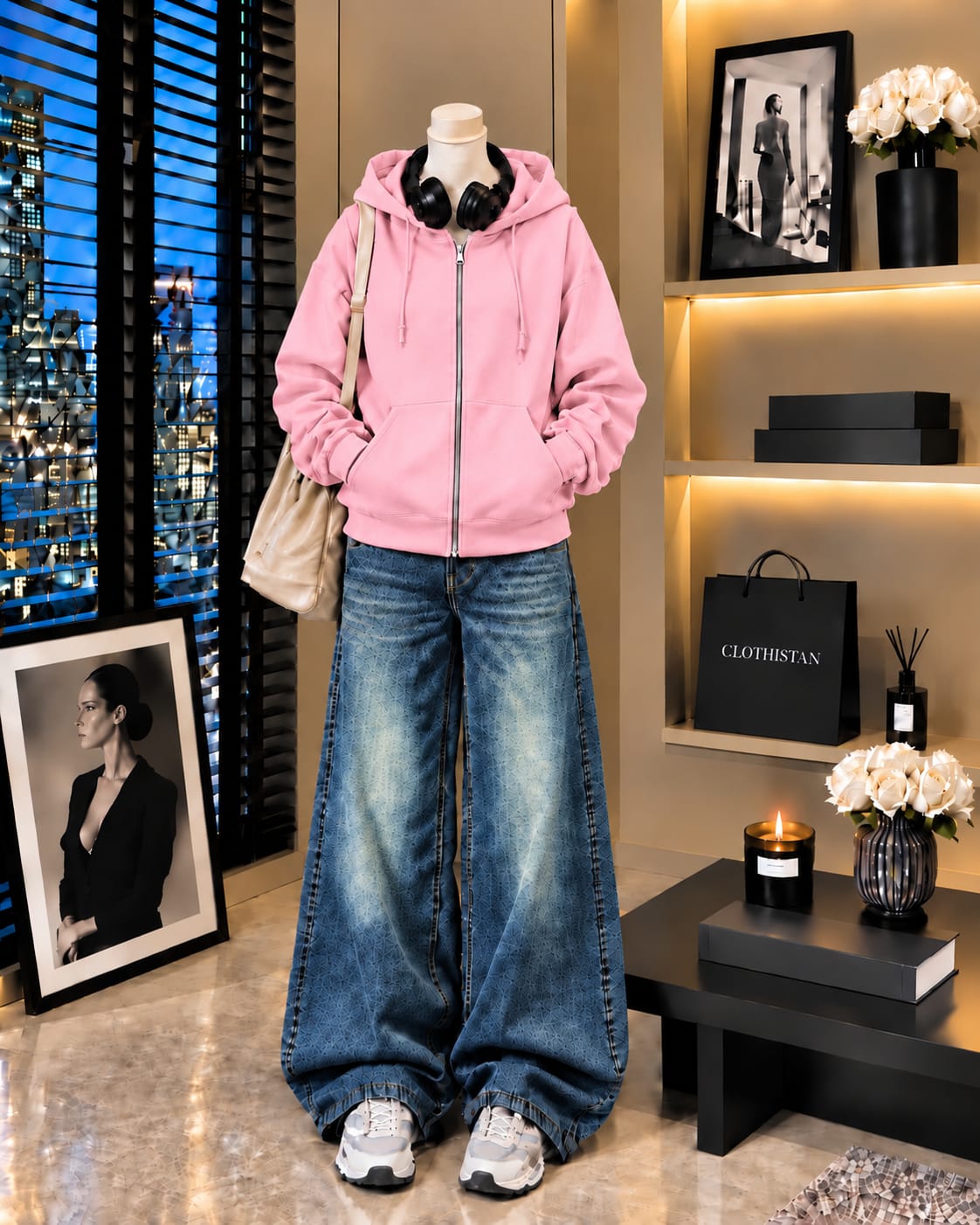 Premium Zipper Hoodie & Greenish blue Vintage Wide-Leg Jeans Pack of Two