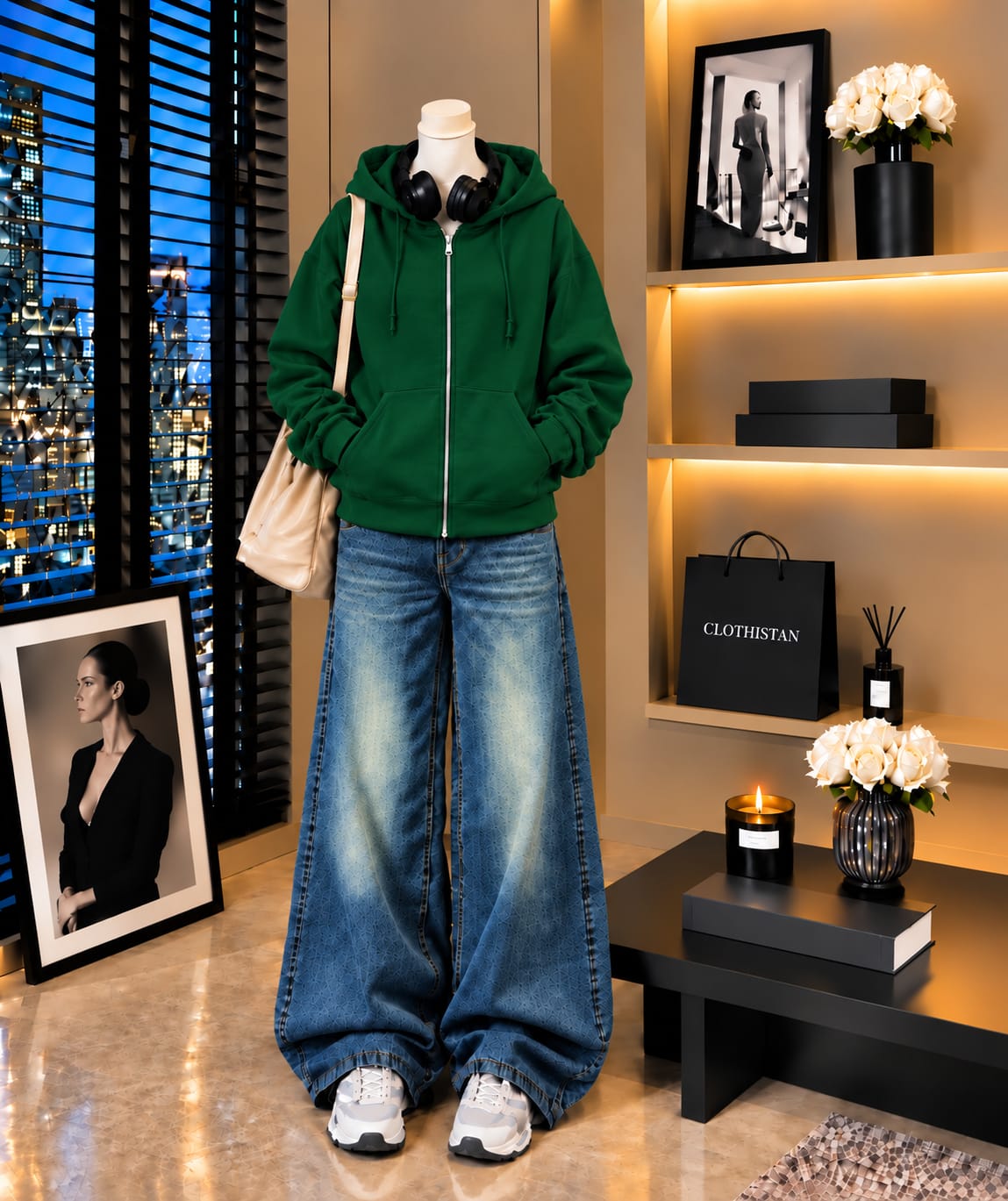 Premium Zipper Hoodie & Greenish blue Vintage Wide-Leg Jeans Pack of Two