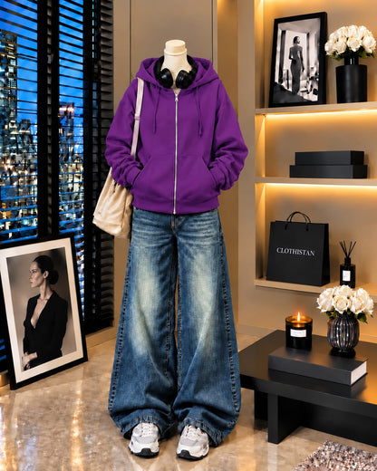 Premium Zipper Hoodie & Greenish blue Vintage Wide-Leg Jeans Pack of Two