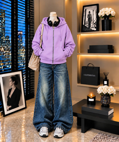 Premium Zipper Hoodie & Greenish blue Vintage Wide-Leg Jeans Pack of Two