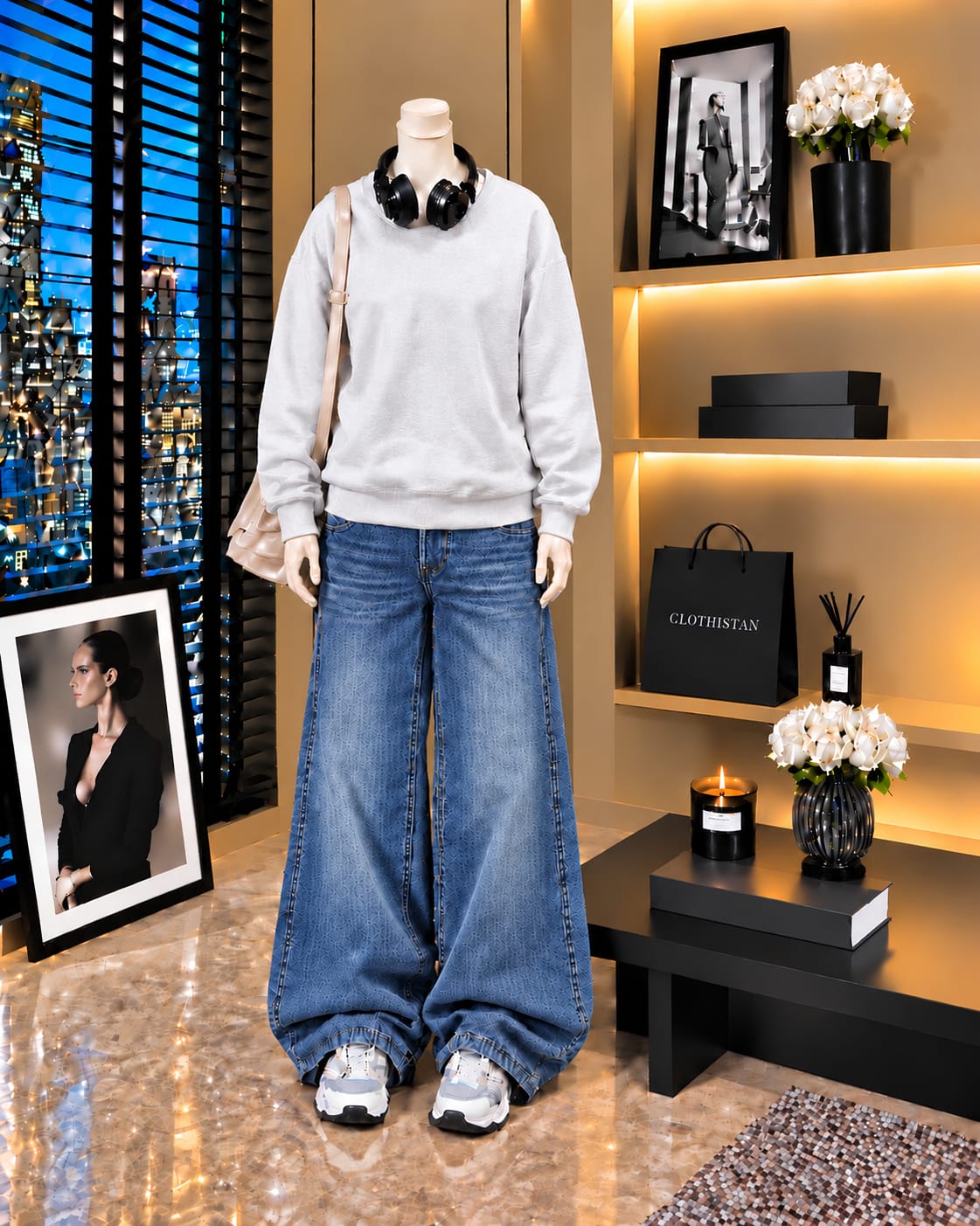 Premium Sweatshirt & Mid blue Vintage Wide-Leg Jeans Pack of Two
