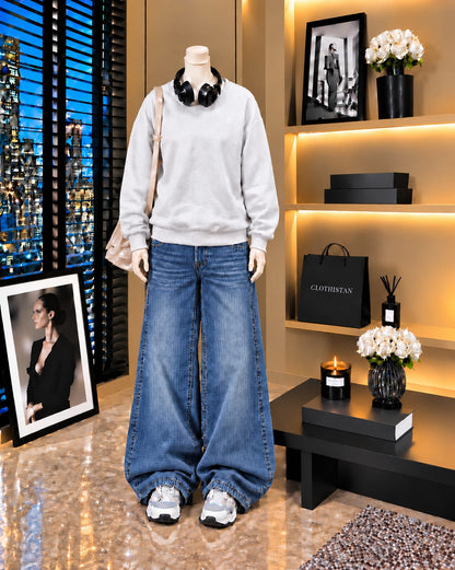 Premium Sweatshirt & Mid blue Vintage Wide-Leg Jeans Pack of Two