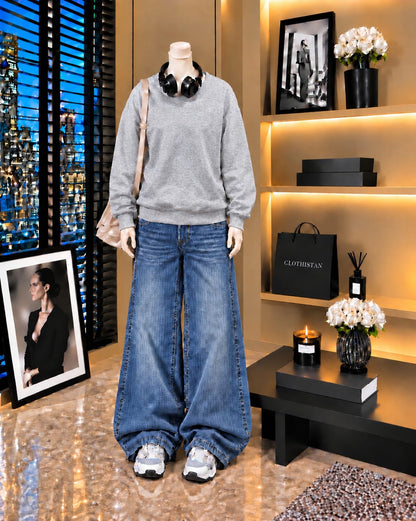 Premium Sweatshirt & Mid blue Vintage Wide-Leg Jeans Pack of Two