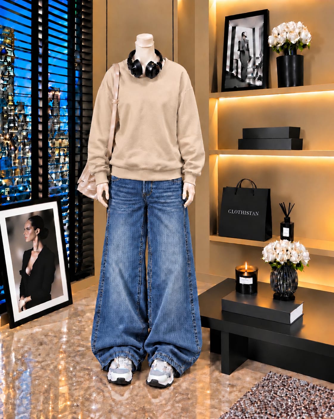 Premium Sweatshirt & Mid blue Vintage Wide-Leg Jeans Pack of Two
