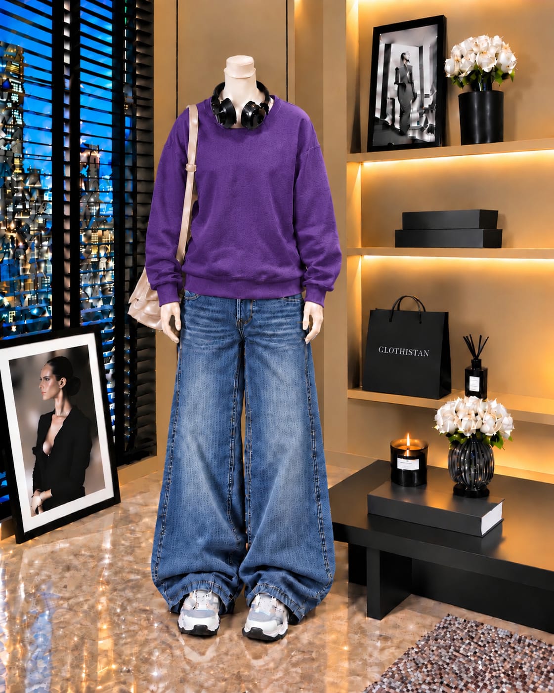 Premium Sweatshirt & Mid blue Vintage Wide-Leg Jeans Pack of Two