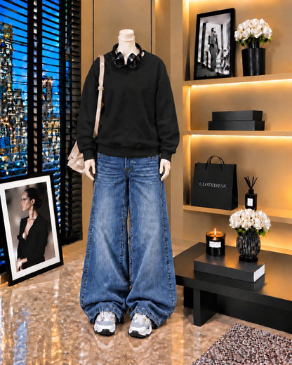 Premium Sweatshirt & Mid blue Vintage Wide-Leg Jeans Pack of Two