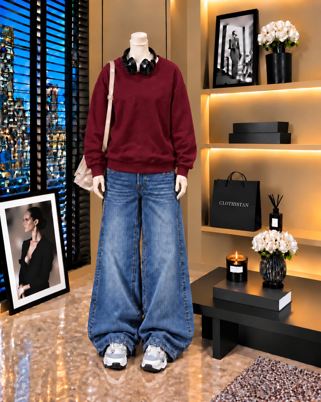 Premium Sweatshirt & Mid blue Vintage Wide-Leg Jeans Pack of Two
