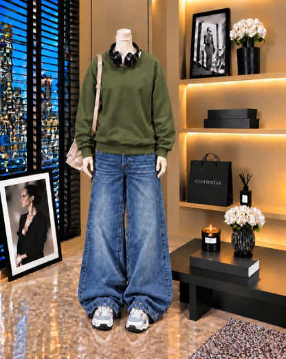 Premium Sweatshirt & Mid blue Vintage Wide-Leg Jeans Pack of Two