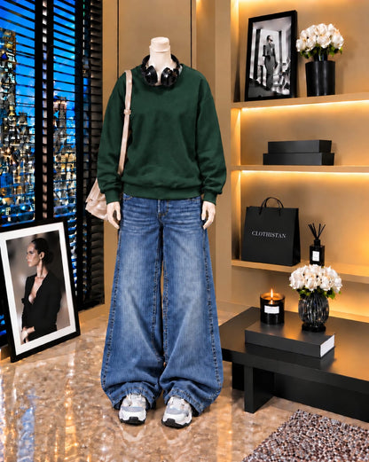 Premium Sweatshirt & Mid blue Vintage Wide-Leg Jeans Pack of Two