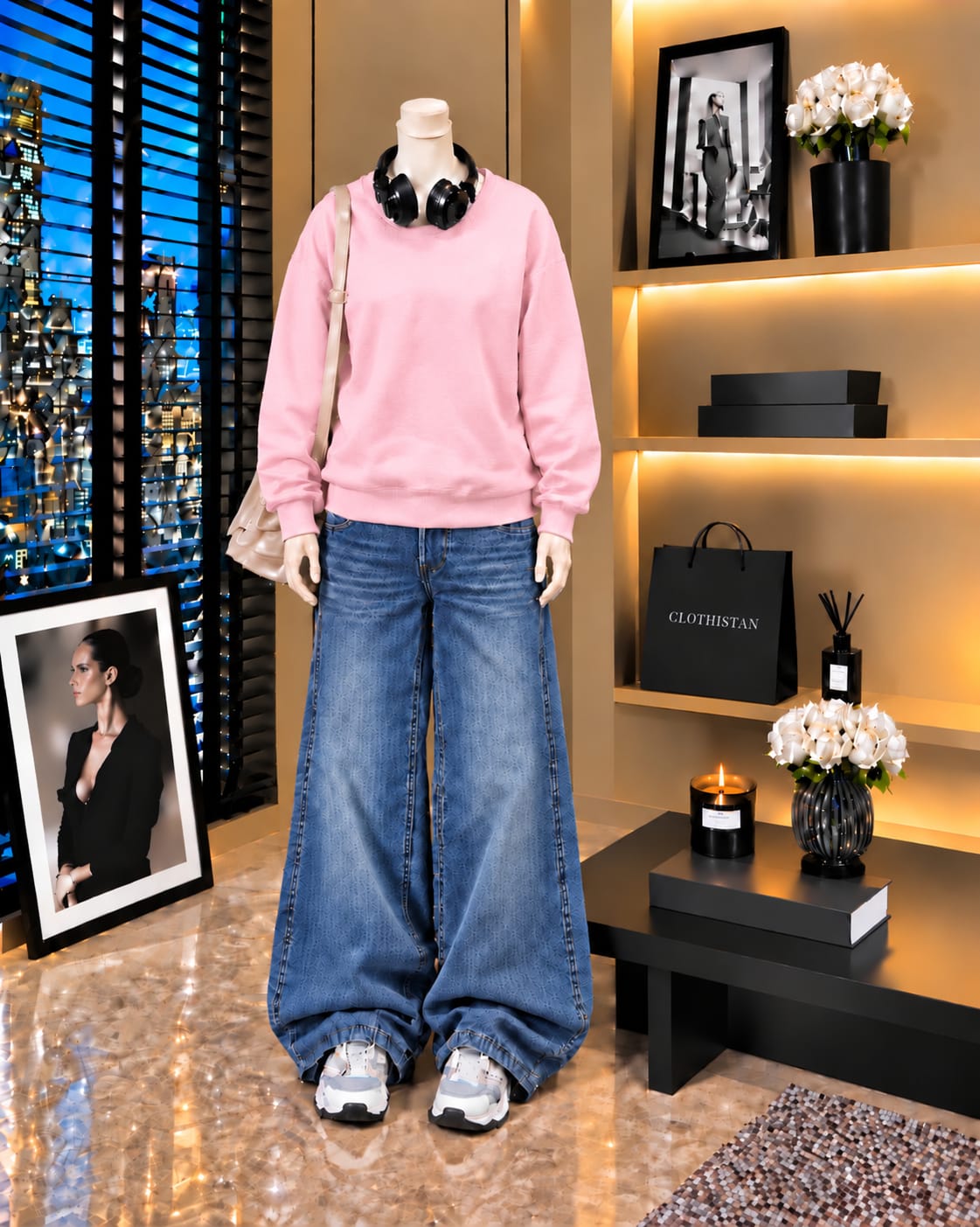 Premium Sweatshirt & Mid blue Vintage Wide-Leg Jeans Pack of Two