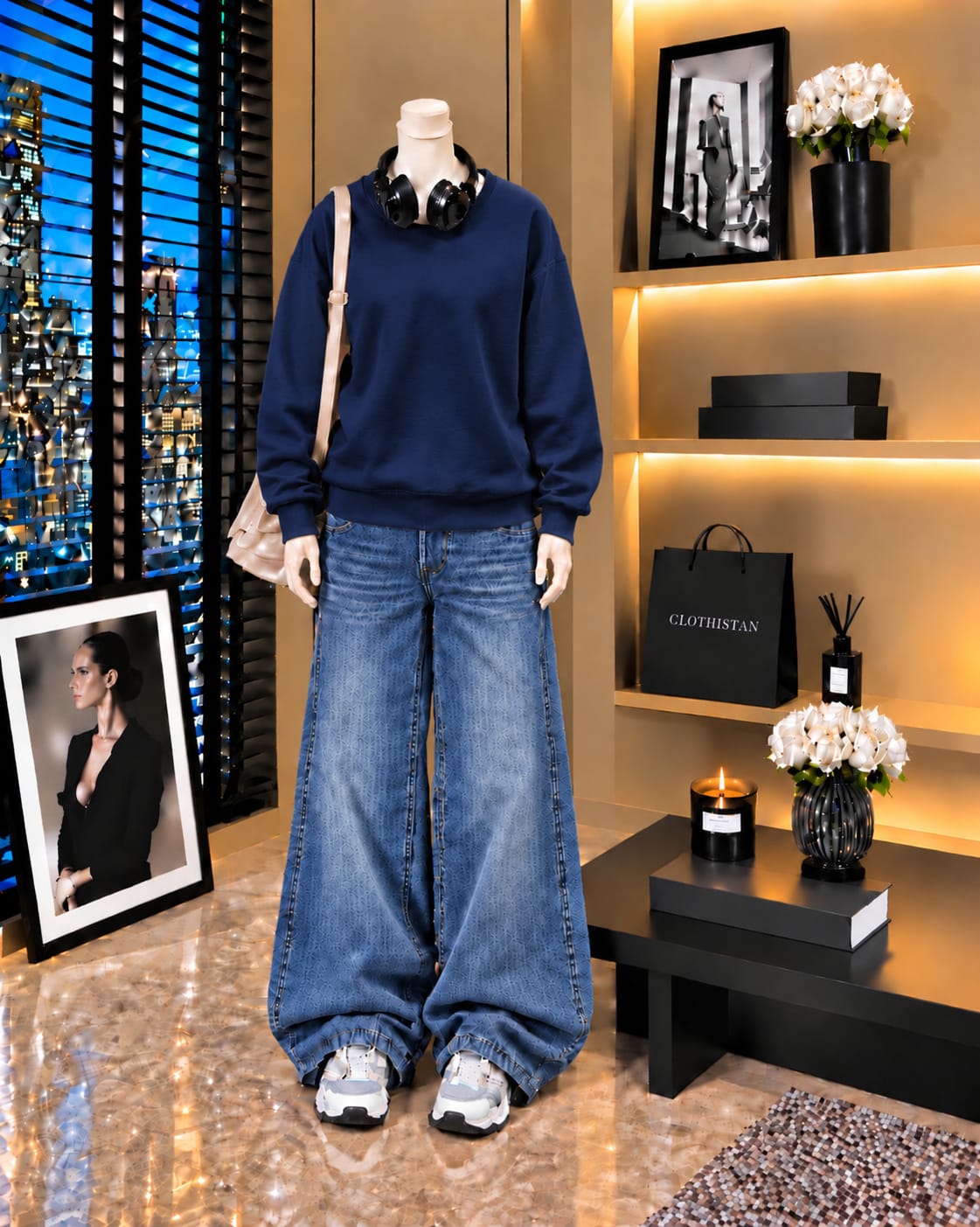 Premium Sweatshirt & Mid blue Vintage Wide-Leg Jeans Pack of Two