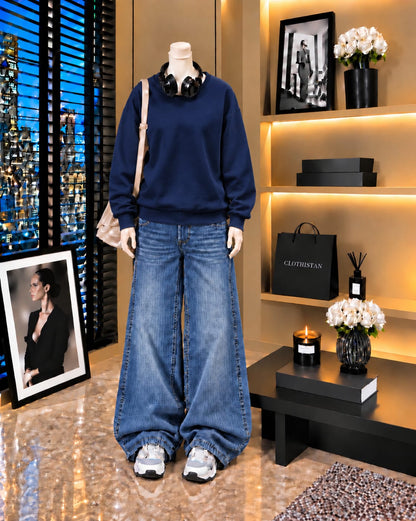 Premium Sweatshirt & Mid blue Vintage Wide-Leg Jeans Pack of Two